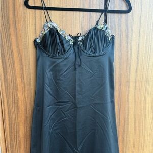 For Love And Lemons Elektra Black Satin Mini Dress with Floral Accents